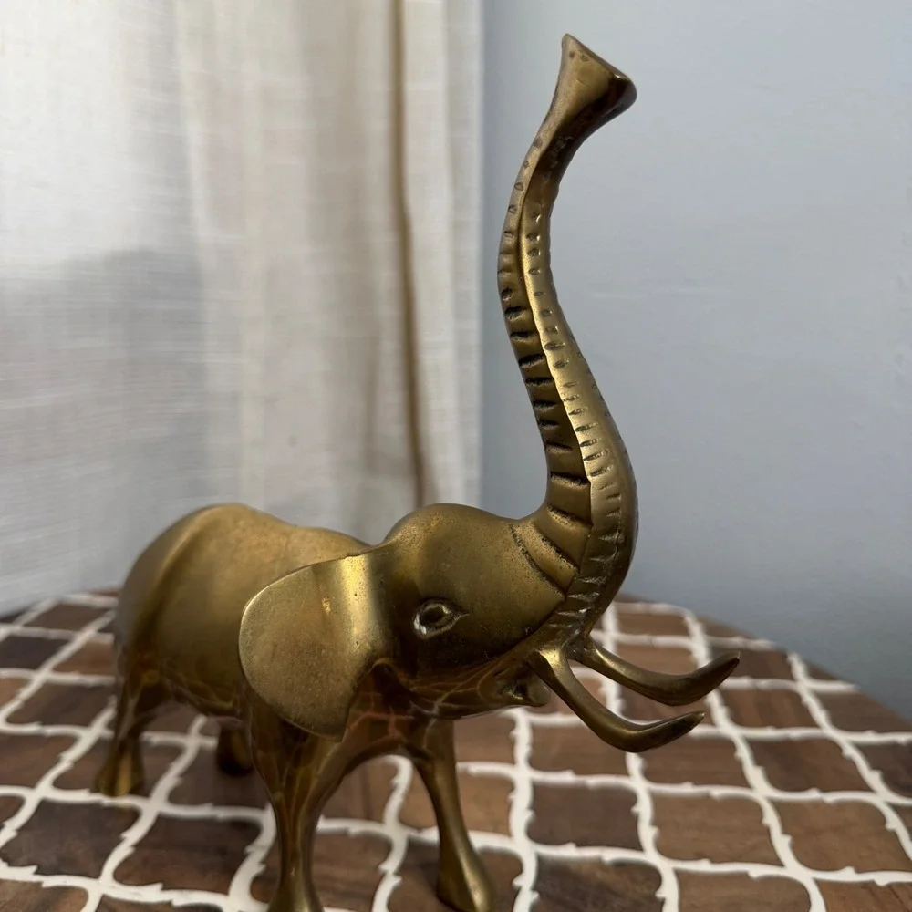 Vintage Brass Elephant Figurine Trunk Up Good Luck Boho Decor Medium 9